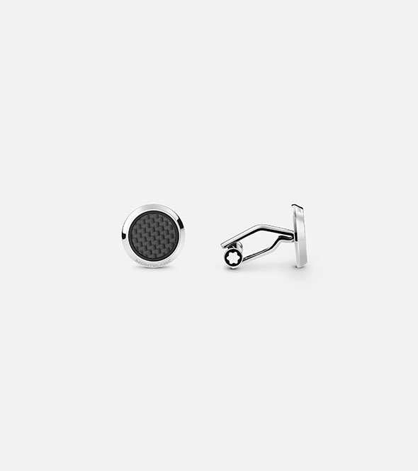 Round Cufflinks in Stainless Steel with Carbon-Patterned Inlay